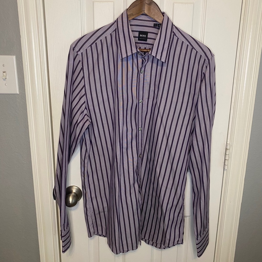 Hugo Boss Mens Large Regular Fit Striped Button Down Shirt Purple Long Sleeve‎